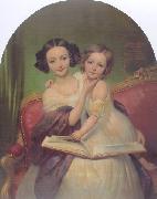 Joseph-Desire Court Portrait de Marguerite Louise Cibiel et de Marie Aglaure Cibiel assises sur un sofa  feuilletant un livre oil